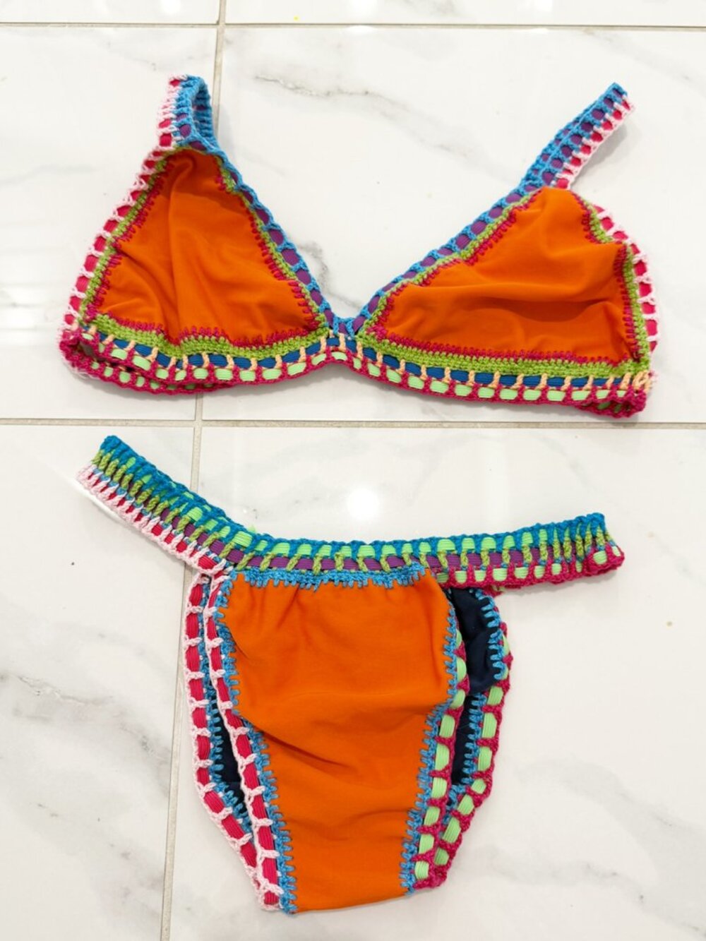 LOCOLOCO BRAZIL O/S Crochet resort wear surf style quick dry Orange Bikini Set - Picture 2 of 7